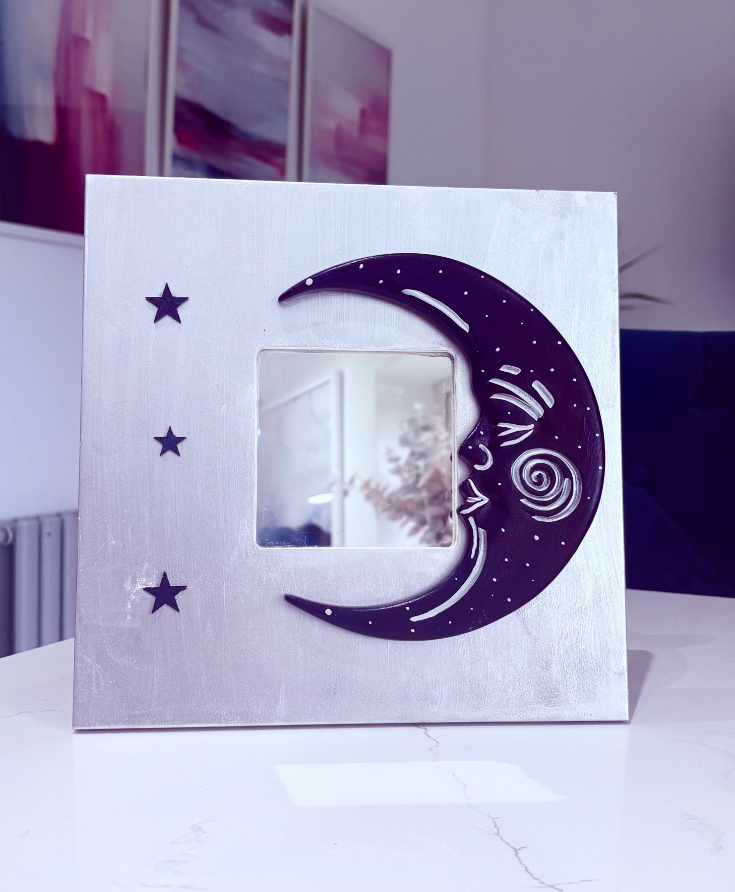 Upcycled silver and purple celestial wooden wall mirror