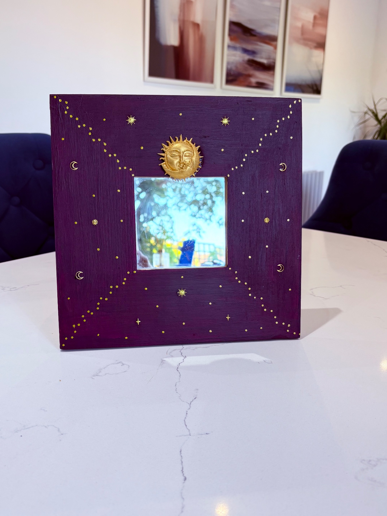 Upcycled purple celestial wooden wall mirror