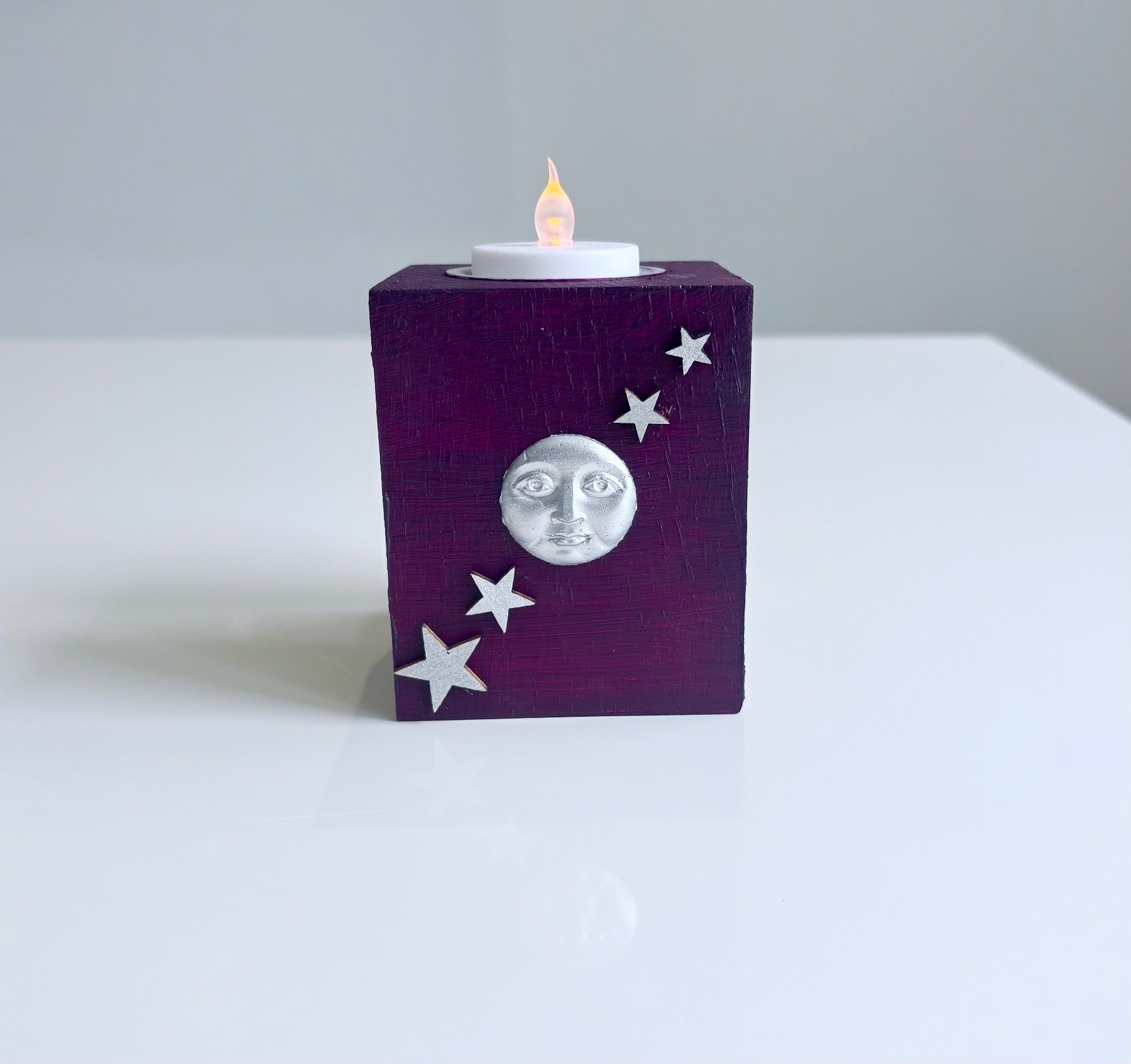 Solid oak wood purple and silver celestial tealight holder