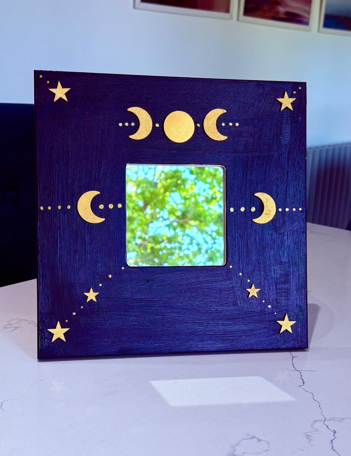Upcycled navy and gold celestial wooden mirror