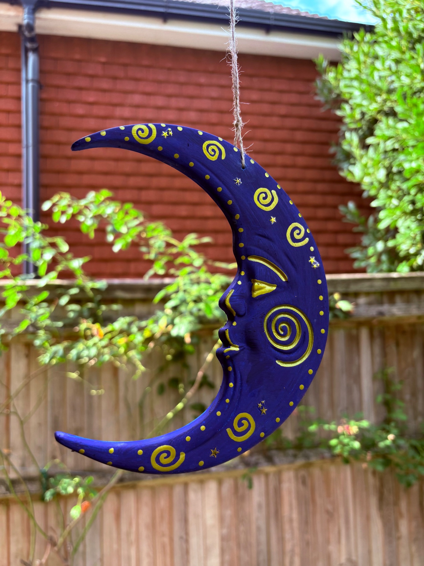 90s vintage style blue and gold celestial moon wall hanging