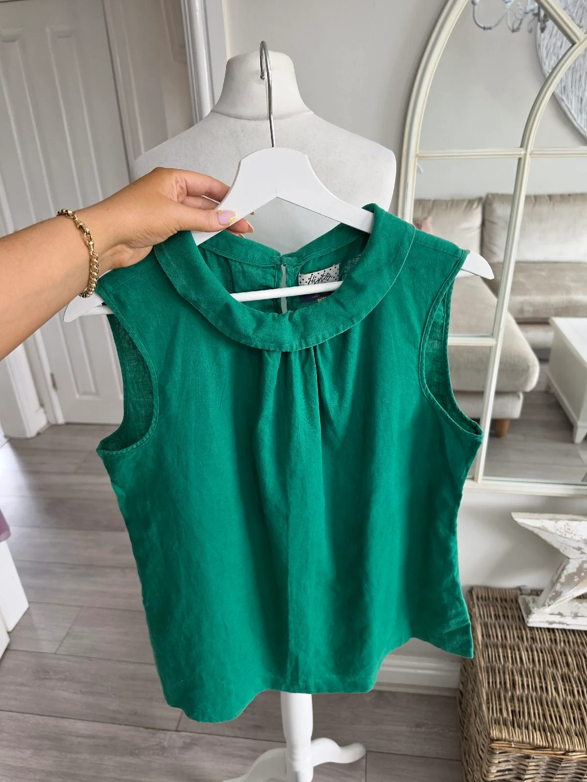 Heyton Green Linen Cotton Blend Sleeveless Collared Top Size 14