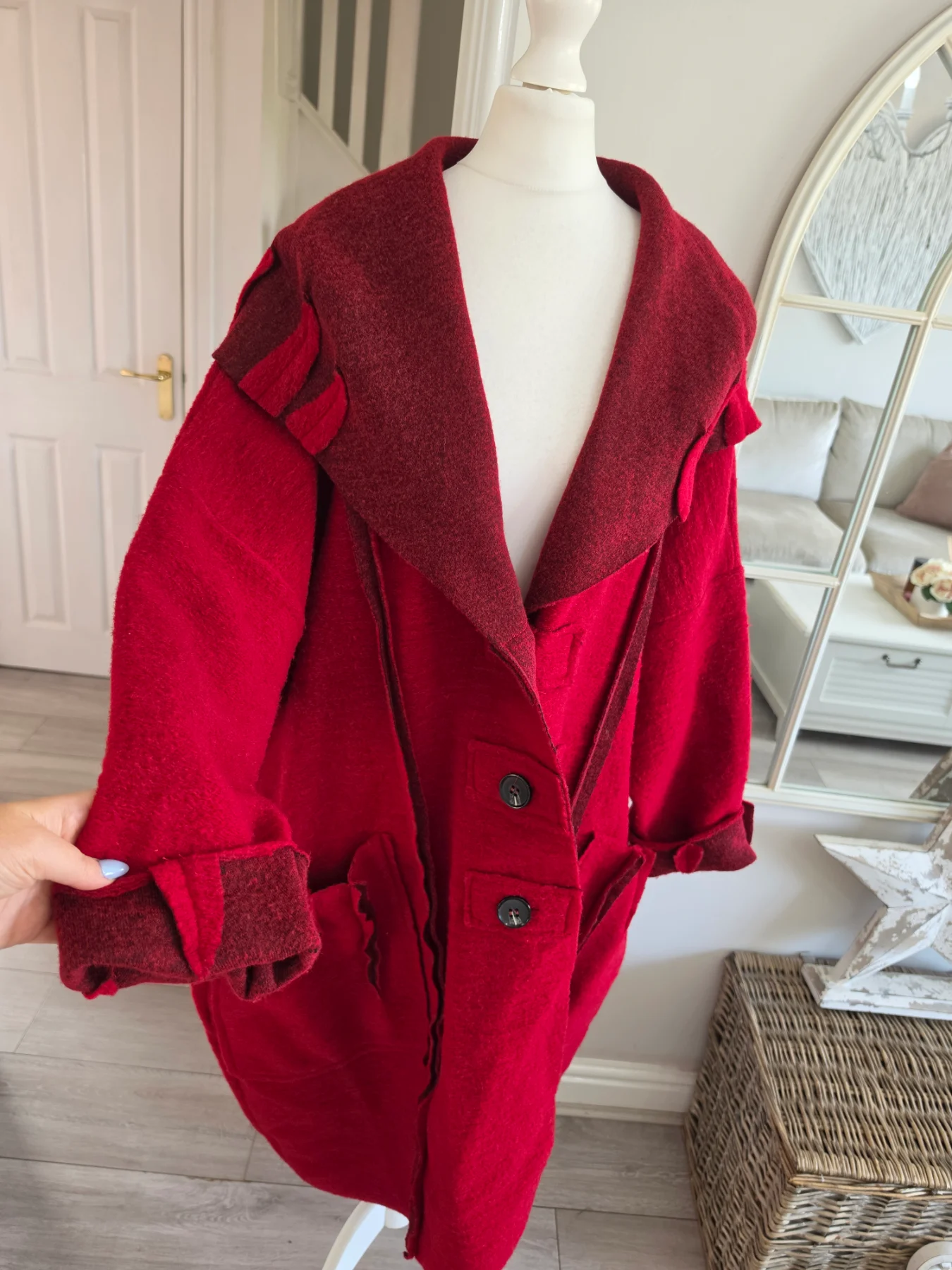 Made In Italy Red Boiled Wool Oversized Lagenlook Shawl Button Up Coat 14 16 18 20