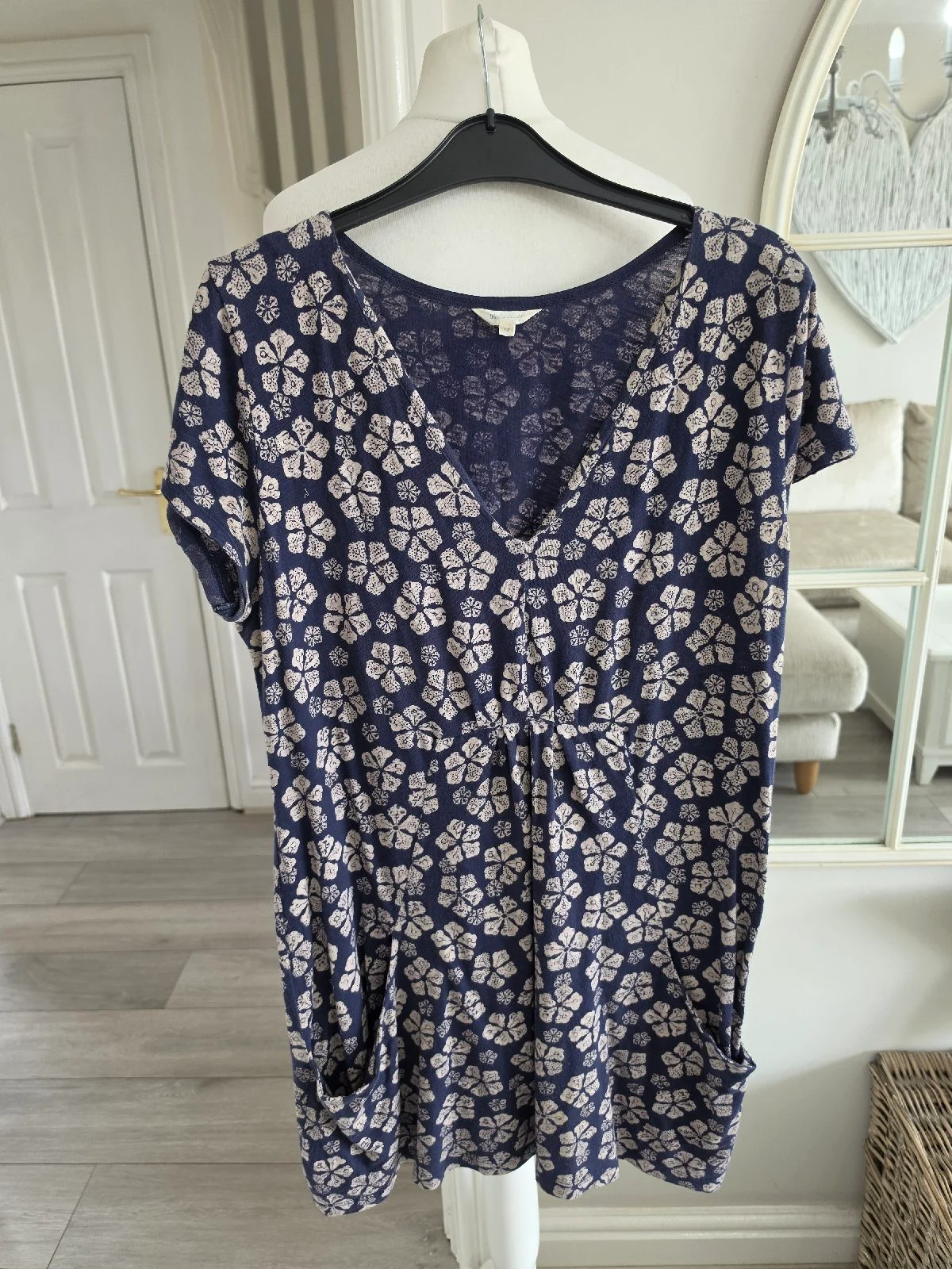 White Stuff Navy Blue Cream Floral Patter 100%Cotton Long Tunic Top Dress Size 14