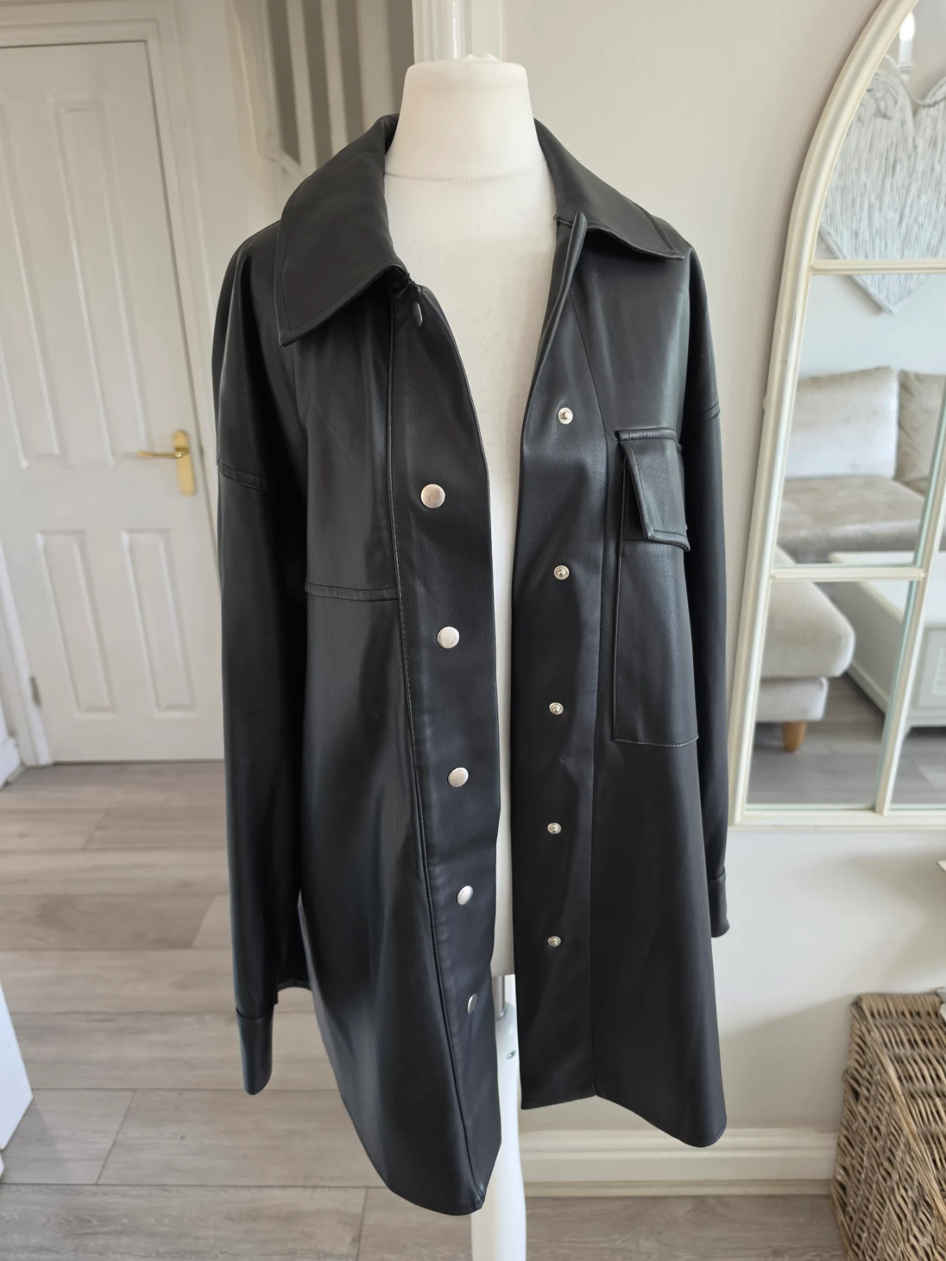 Zara Faux Leather Black Oversized Button Front Shacket Size XS 6 8 10