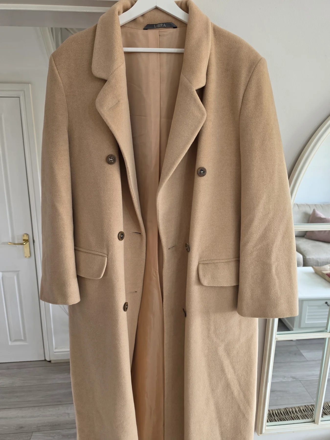 Vintage LIBRA Camel Long Coat 25% Angora New Wool Double Breasted Overcoat 16