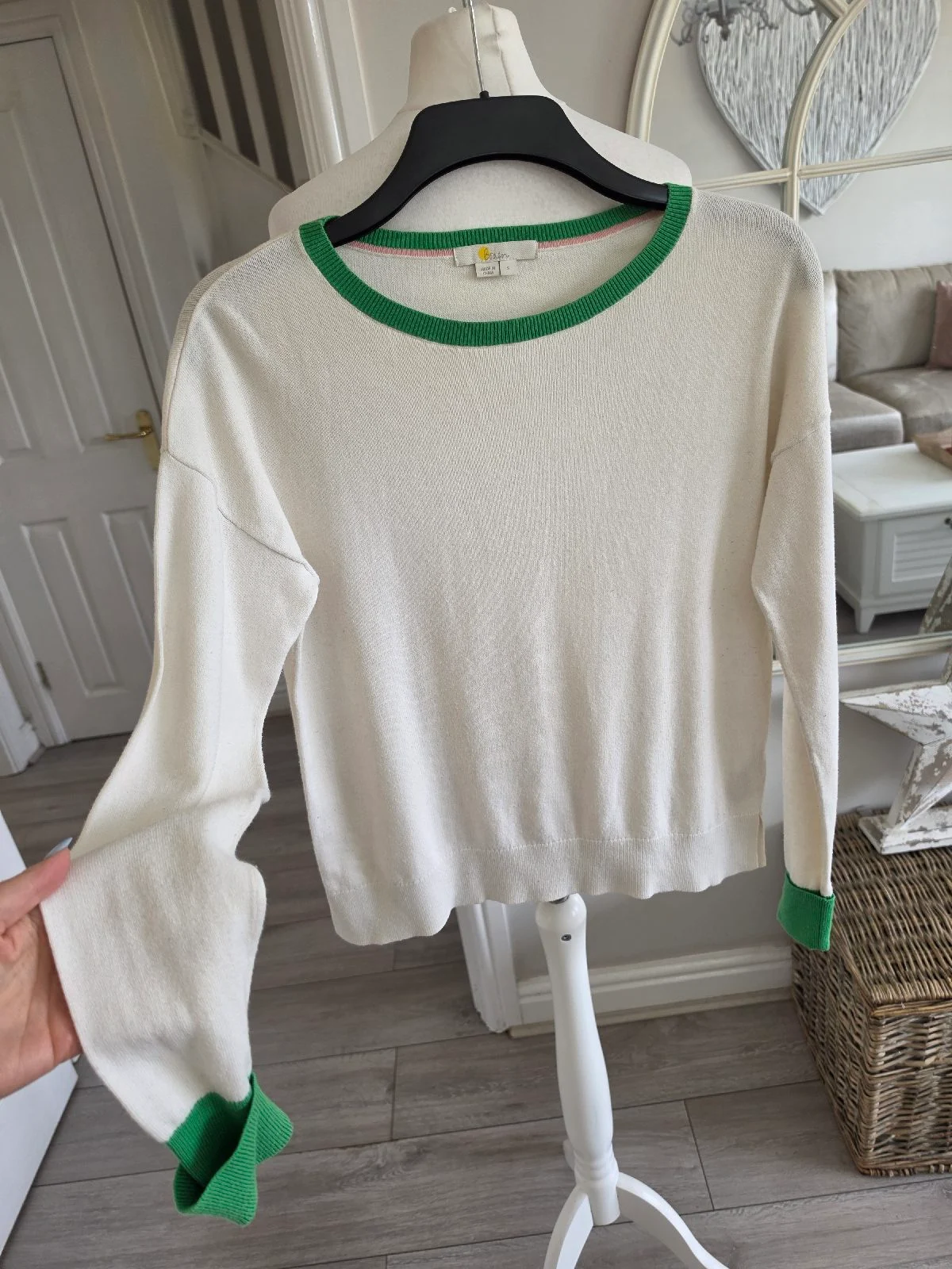 Boden White Green Trim Fine Knit Wool & Cotton Blend Long Sleeve Jumper Sise S 8