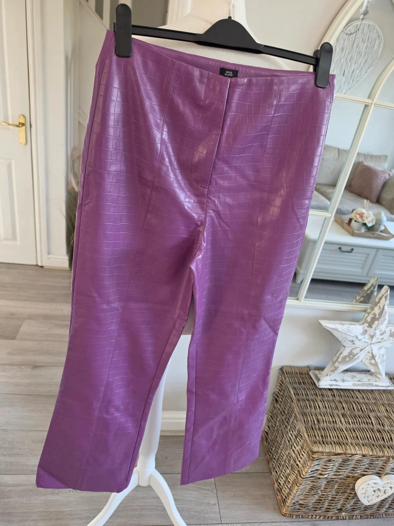 River Island Purple Croc Print Faux Leather Style High Waisted Edgy Urban Trousers Size 12