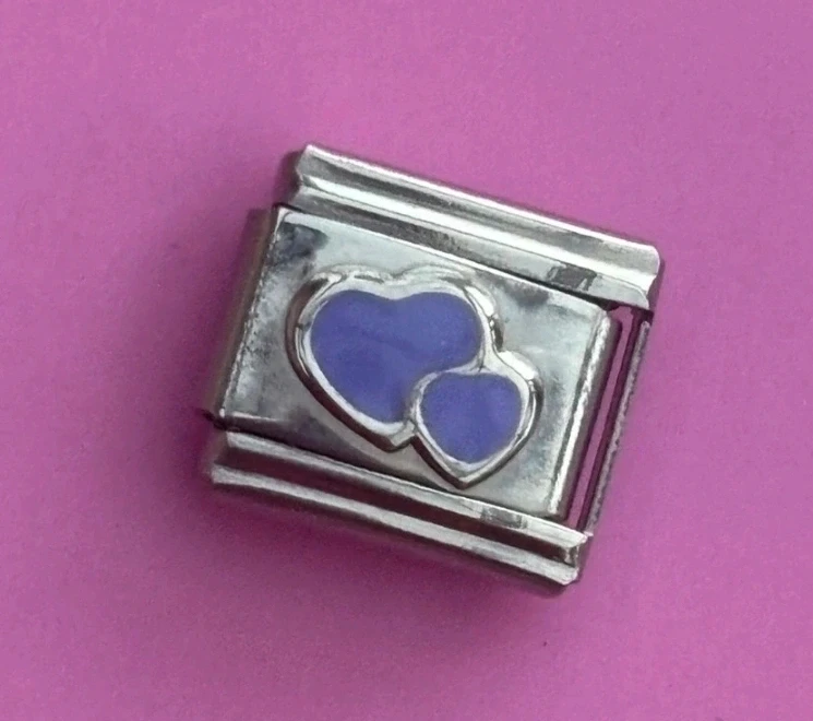 Lilac purple double love heart charm link for a nomination bracelet silver