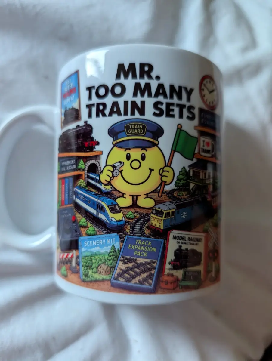 Mr Too Many Train Sets 11oz Mug – Funny Model Railway Gift for Train Enthusiasts