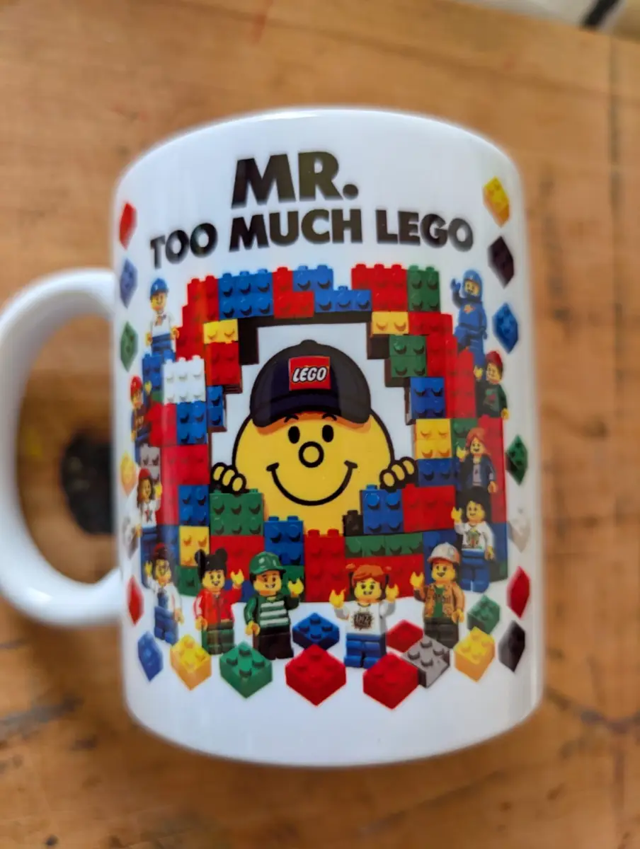 Mr Too Much Lego Style Novelty Ceramic Mug | Funny Building Brick Fan Coffee Tea Gift Cup