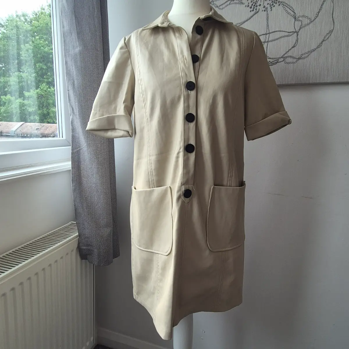 Zara TRF Cream Faux Leather Shirt Dress Size M Button Front Pocket Dress