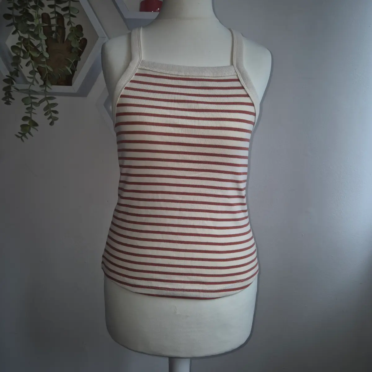 Mango MNG Ribbed Stripe Cami Vest Top Cream Brown XS