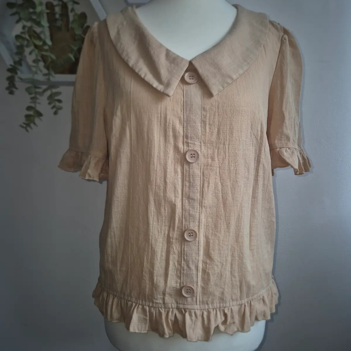 SHEIN Beige Peter Pan Collar Frill Hem Blouse Size S UK 8