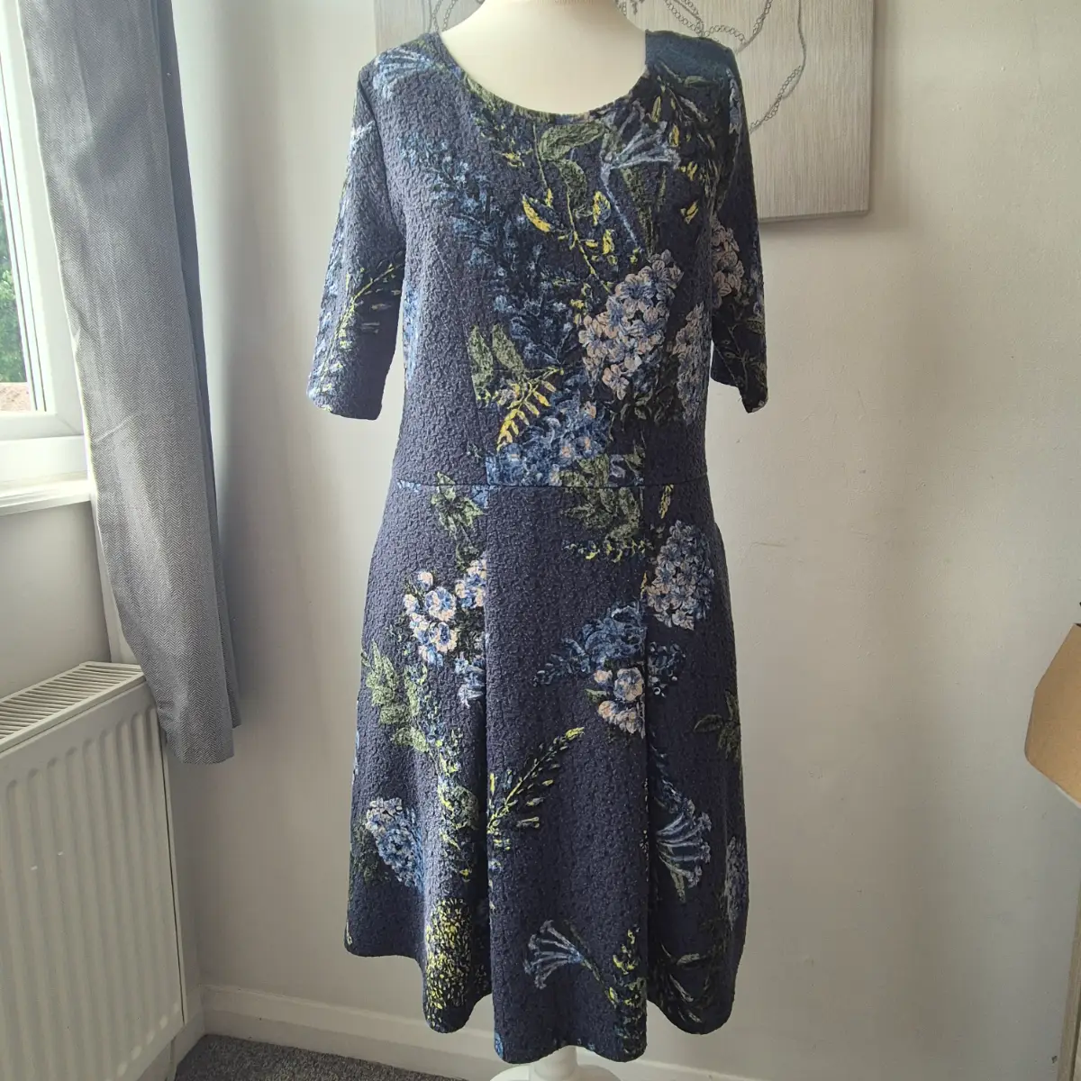 Next Navy Floral Textured Fit & Flare Midi Dress Size 12 With Pockets