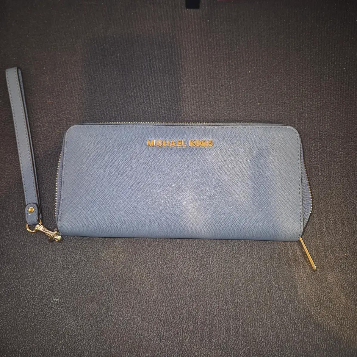 Michael Kors Blue Saffiano Leather Zip Around Purse Wallet Wristlet