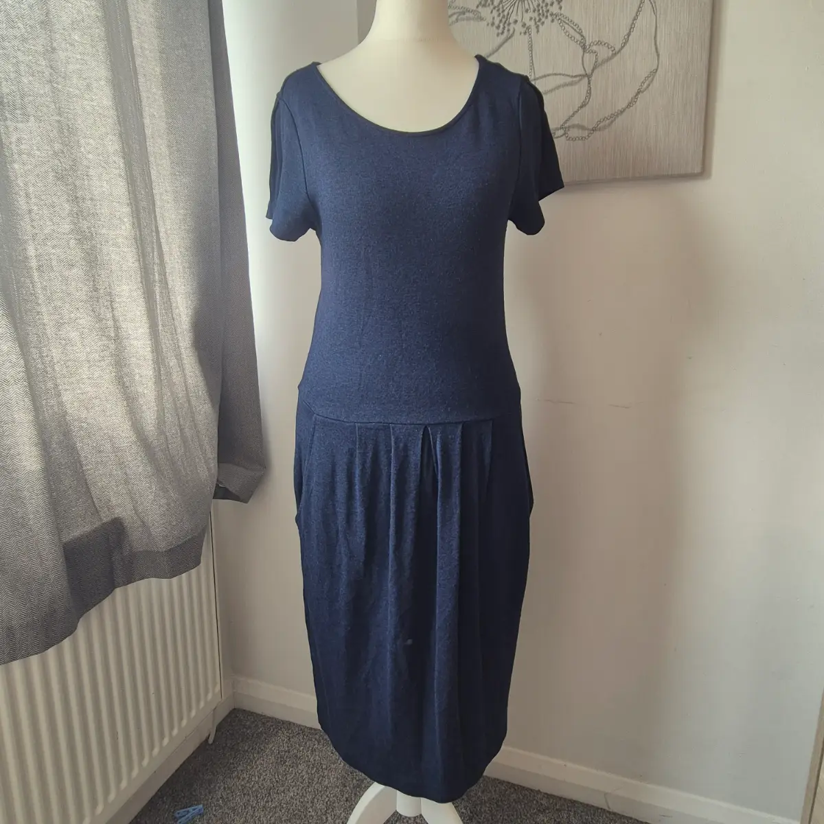 Jaeger London Navy Jersey Midi Dress UK 10 Pleated Pockets