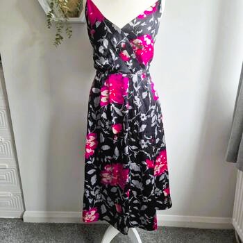 Monsoon Black Pink Floral 100% Silk Midi Dress UK 12 Occasion Tea Dress