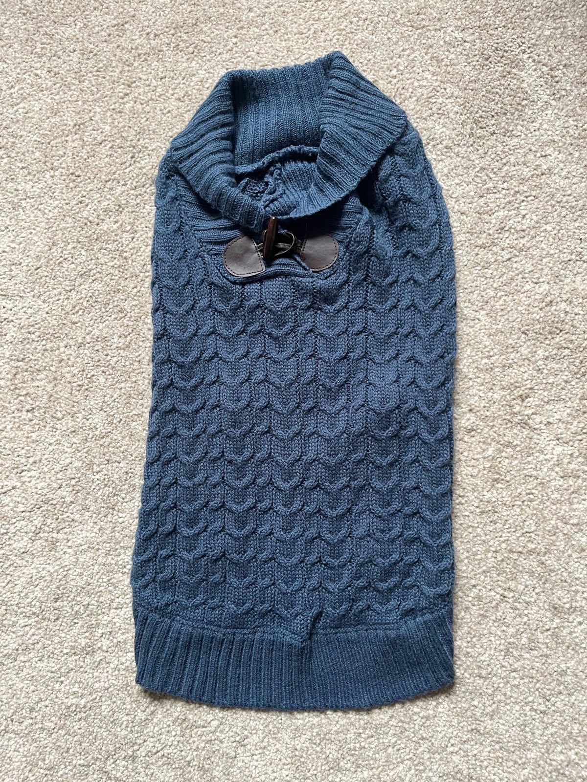 Petrol Blue Colour Cable Knit Dog Jumper with Roll Neck & Toggle Detail