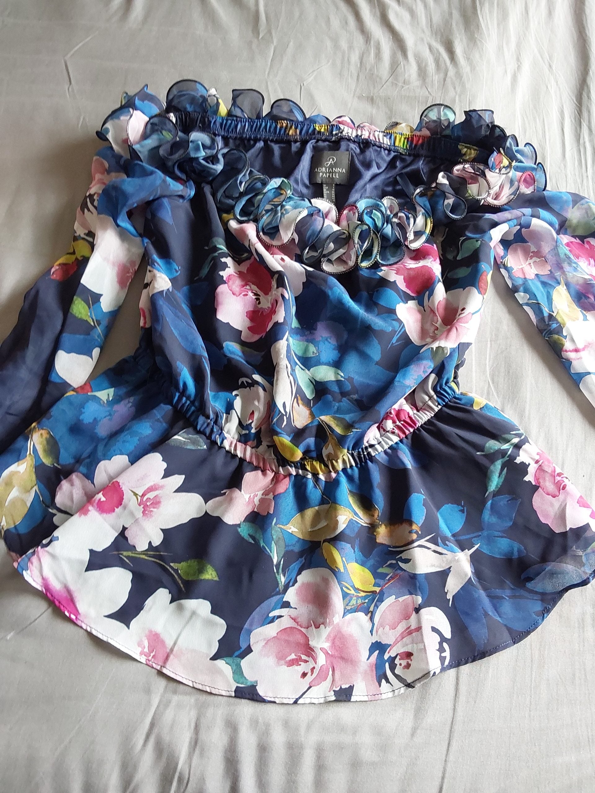 Adrianna Papell Navy & Pink Floral Chiffon Blouse UK 10 Womans Ruffled Neck