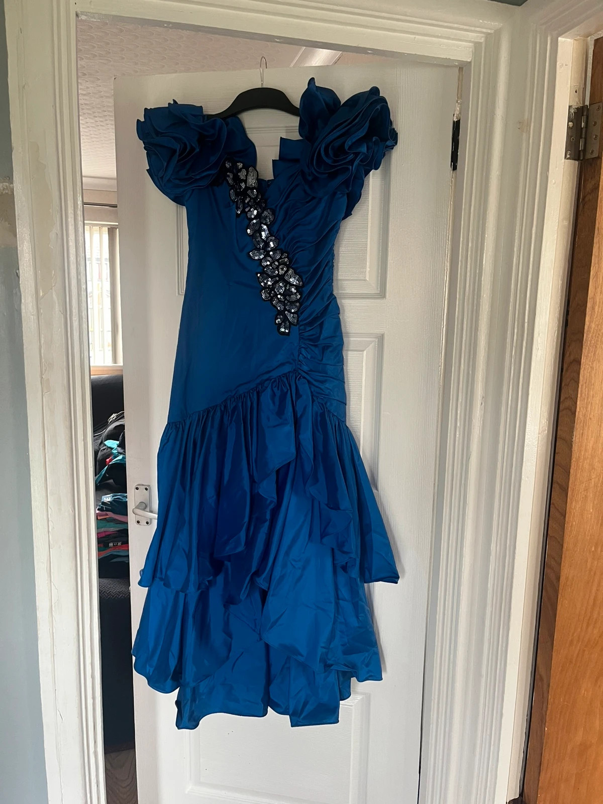 Alyce Designs Blue Formal Dress Women Other Sequined Ruffle Sleeves Vintage
