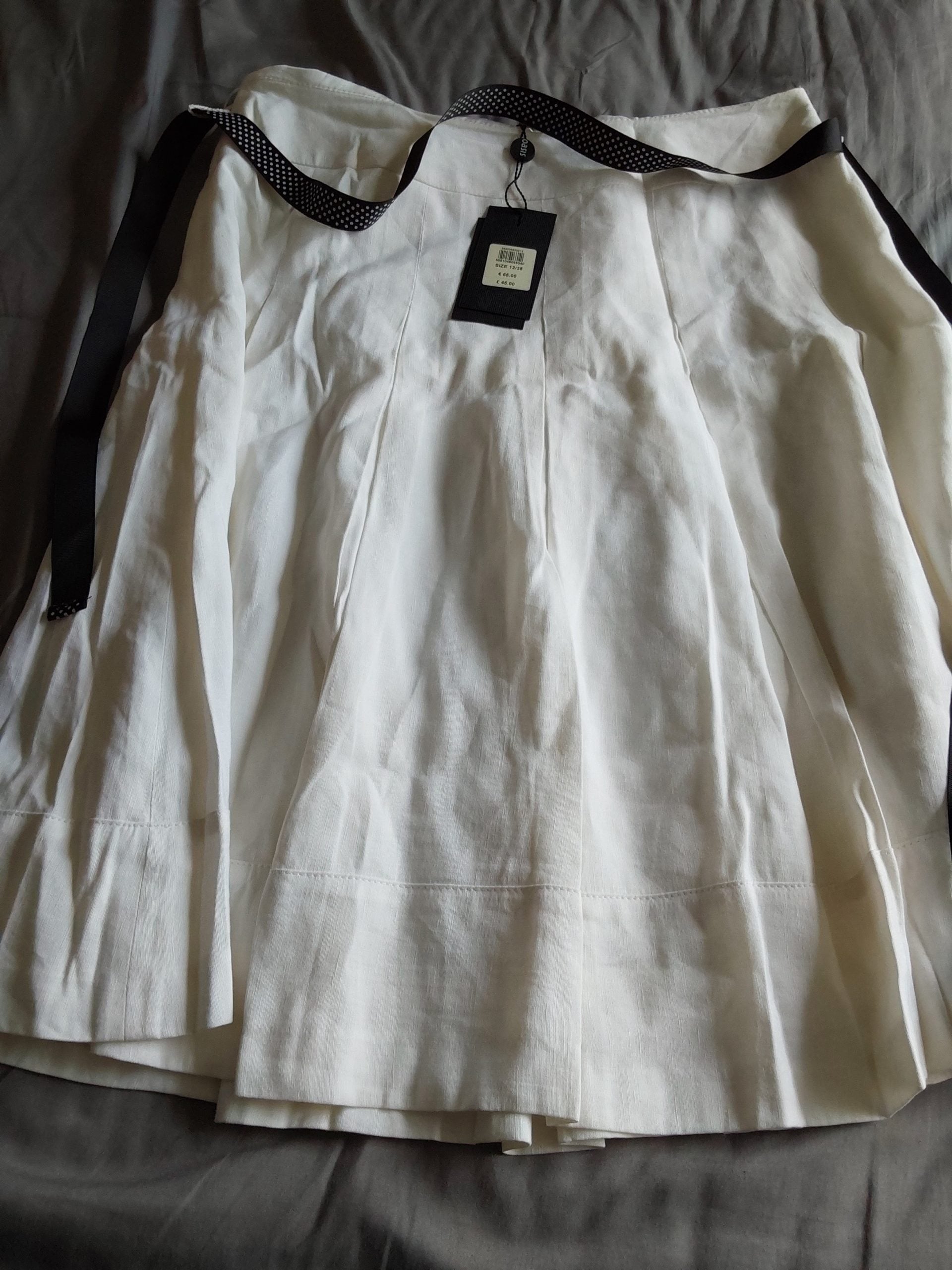Oasis White Cotton Linen Skirt Size 12 Polka Dot Tie Detail BNWT