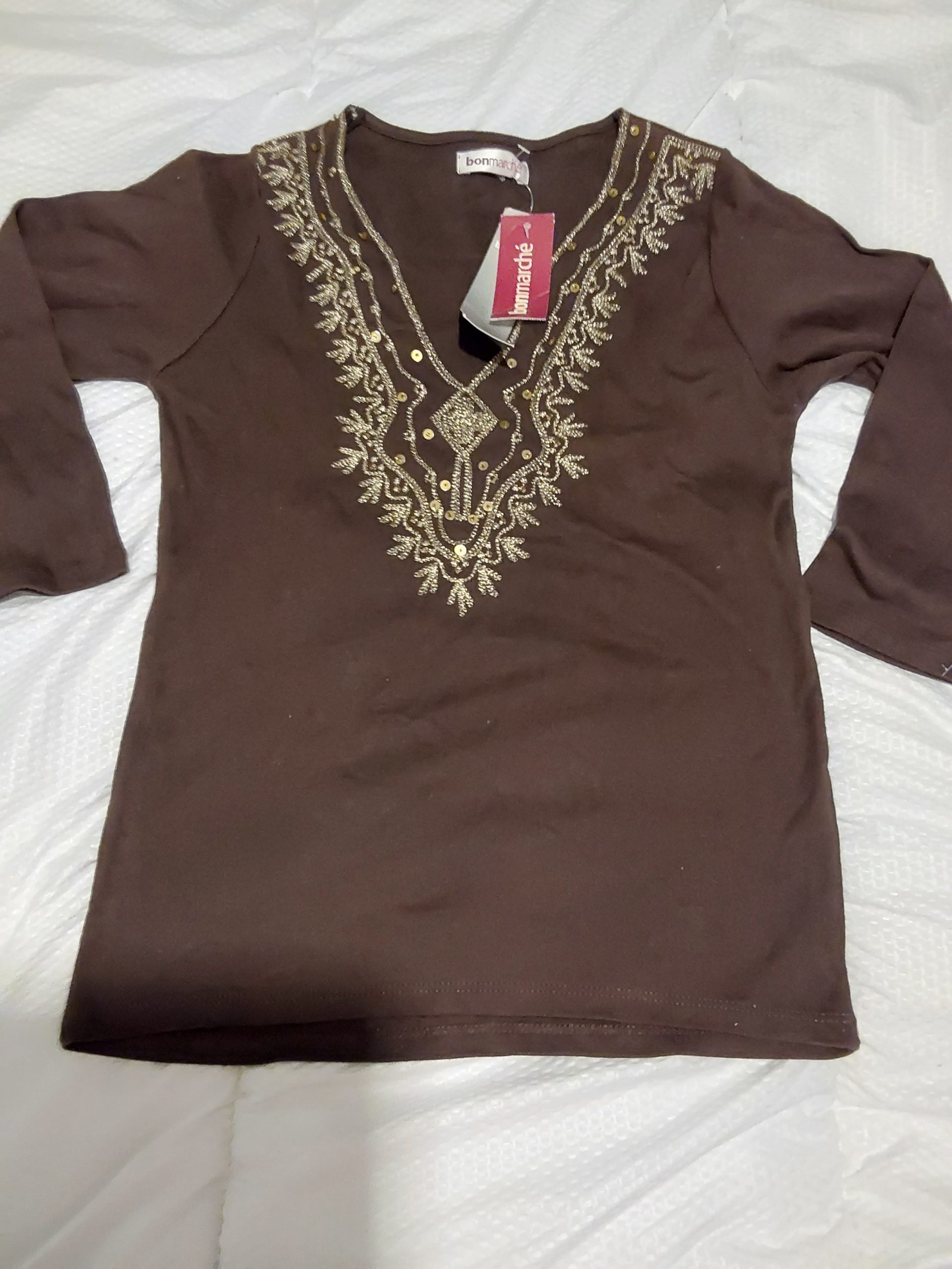 Bonmarche Brown Embroidered Top XS Pure Cotton Womens Y2K Retro Look