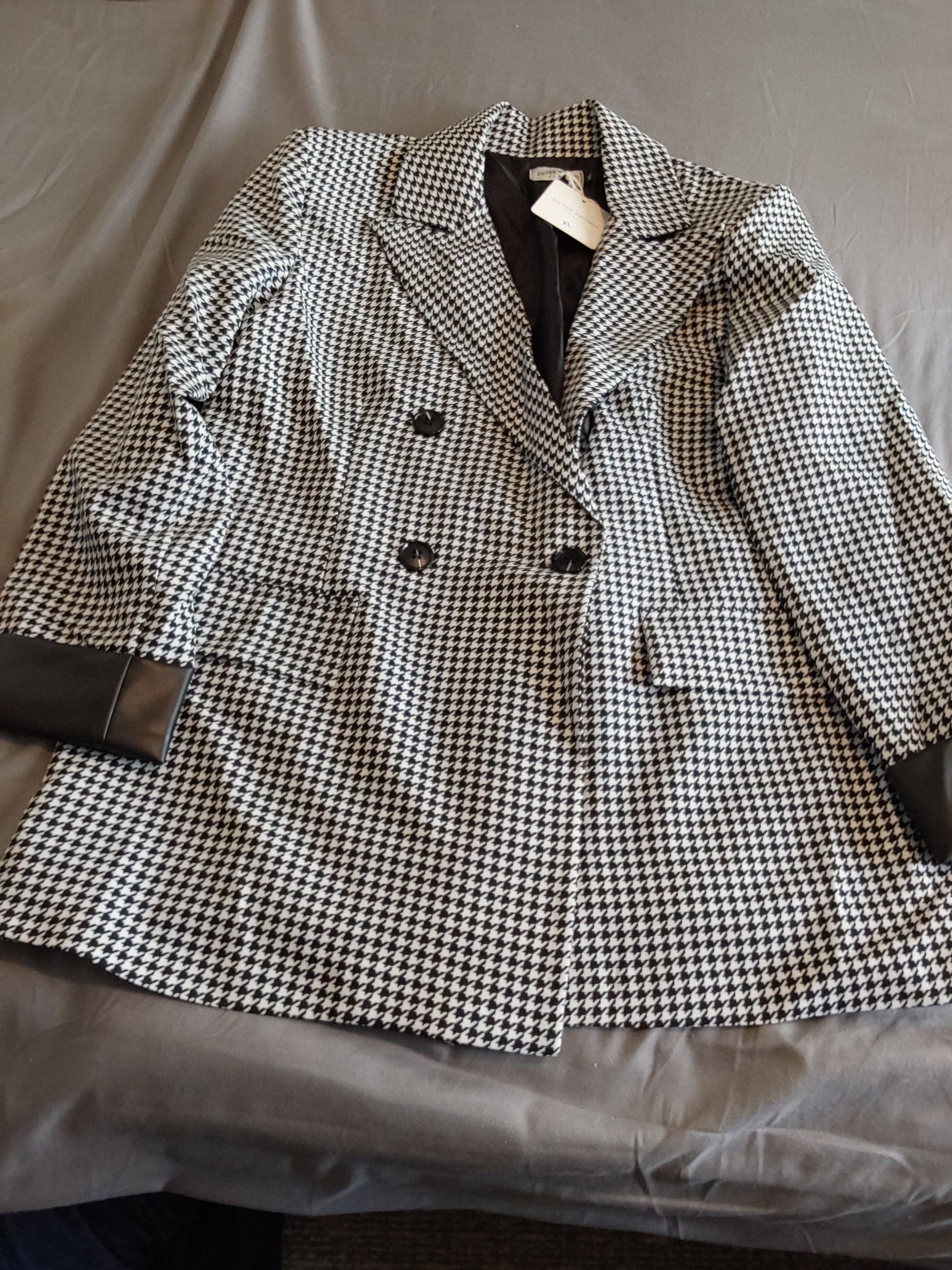 Estee Brown Black & White Houndstooth Double-Breasted Blazer XL Faux Leather Cuffs