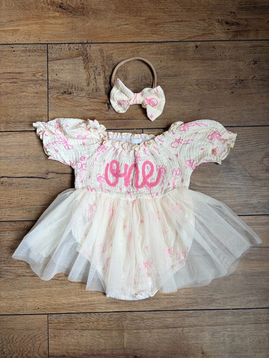 Baby girl fist birthday ONE romper tutu with bow headband age 12-18 months