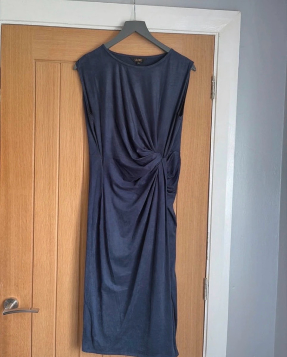 Navy Faux Suede Twist Knot Midi Dress, Side Drape Detail, Size 14