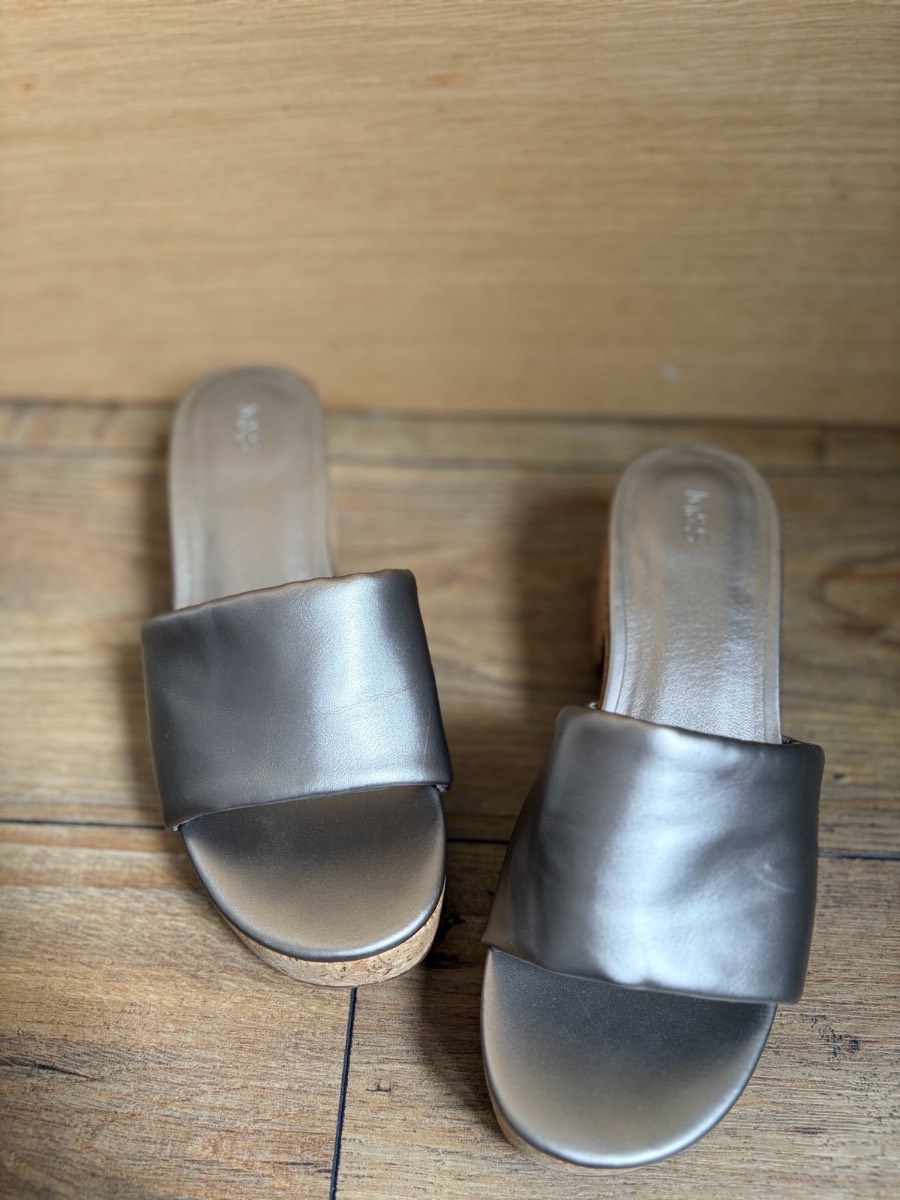 M&S Metallic Pewter Cork Platform Wedge Mules Size 5