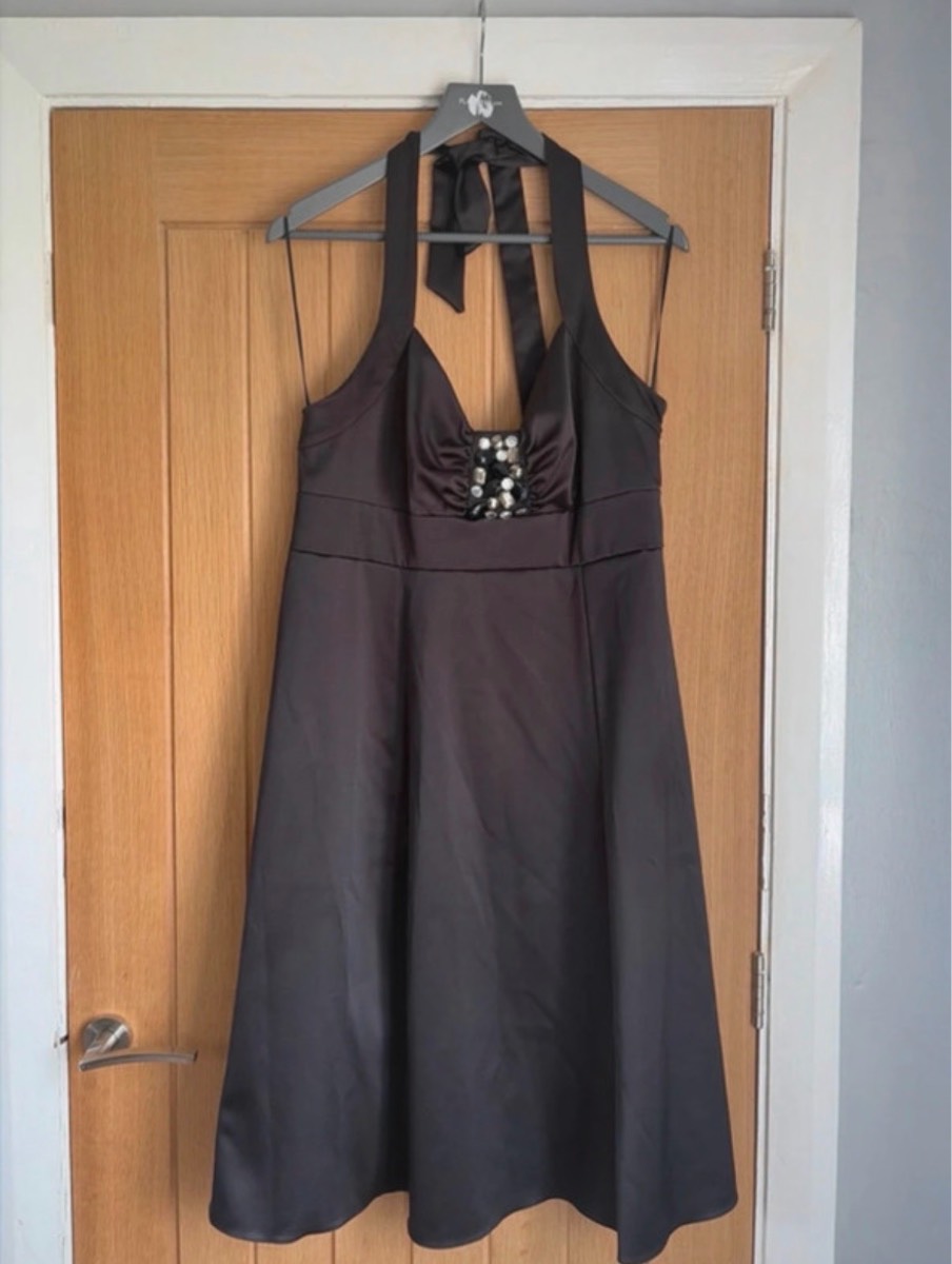 Wallis Black Satin Halter Neck Dress – Size 16, Jewel Detail