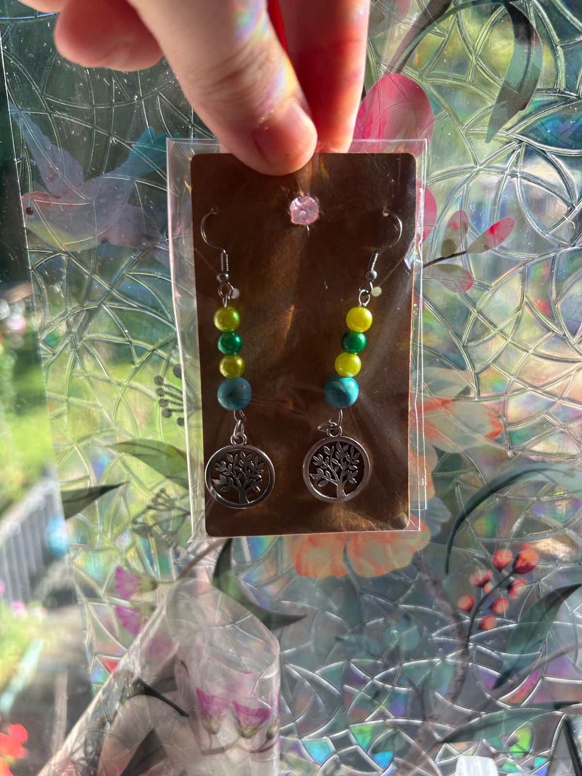 Handmade Tree of Life Beaded Earrings — Green & Turquoise