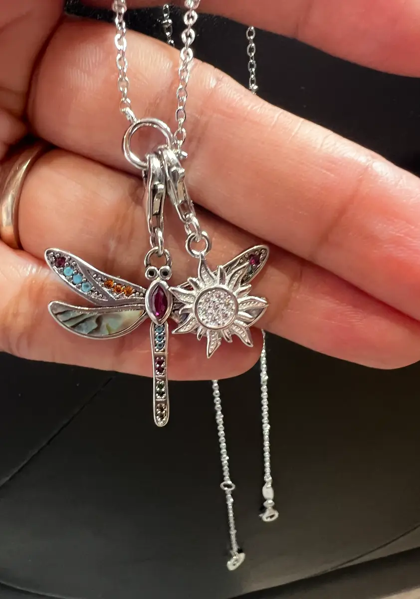 Sterling silver dragonfly sun charm necklace