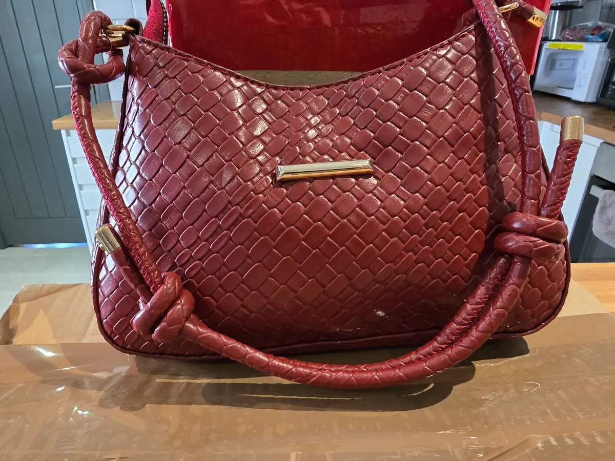Burgundy Woven Faux Leather Shoulder Bag | Women's Handbag with Braided Strap & Gold Hardware