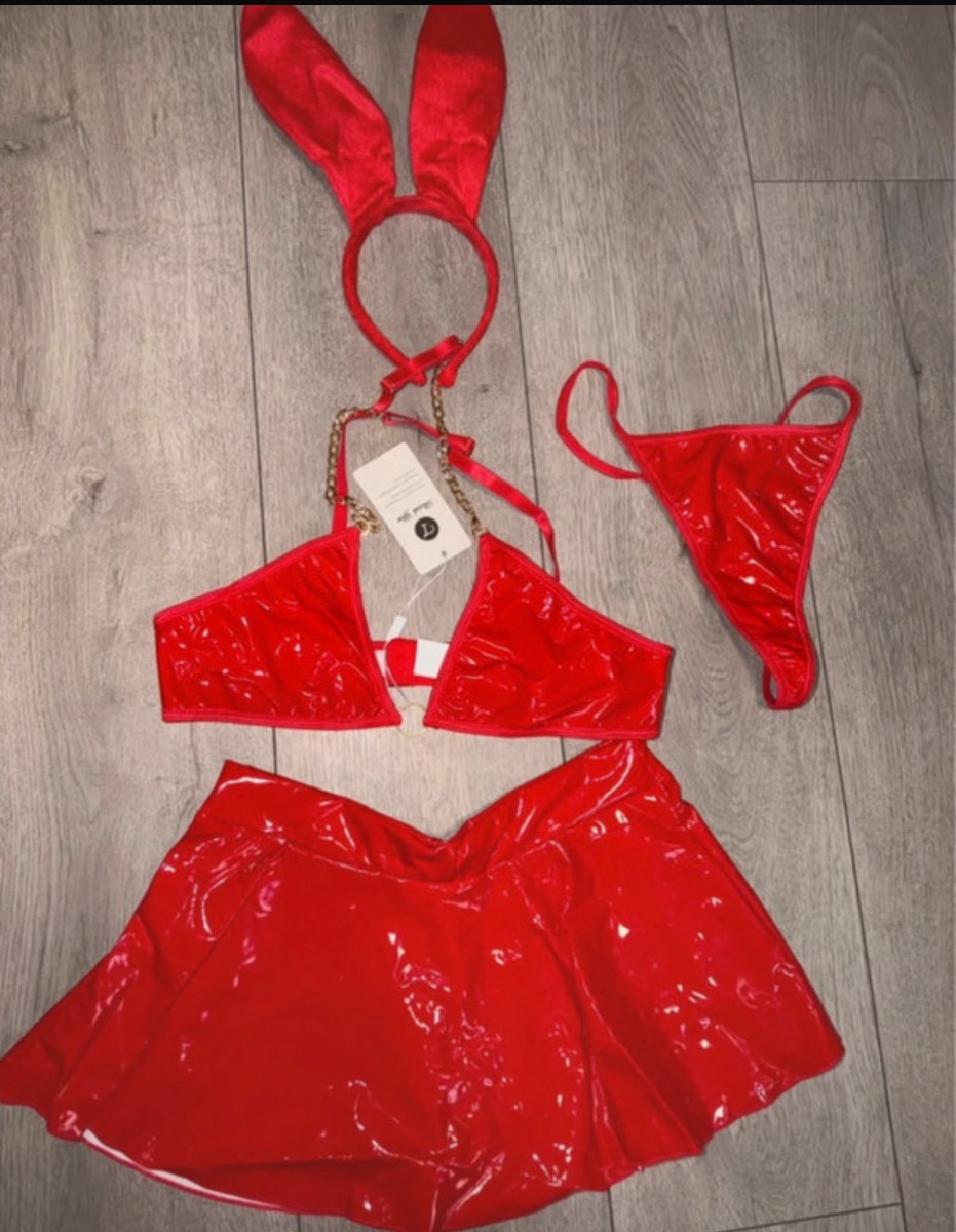 Size 8Women's Red PVC Bunny Costume Set - Shiny Vinyl Crop Top, Mini Skirt & Thong Lingerie Outfit