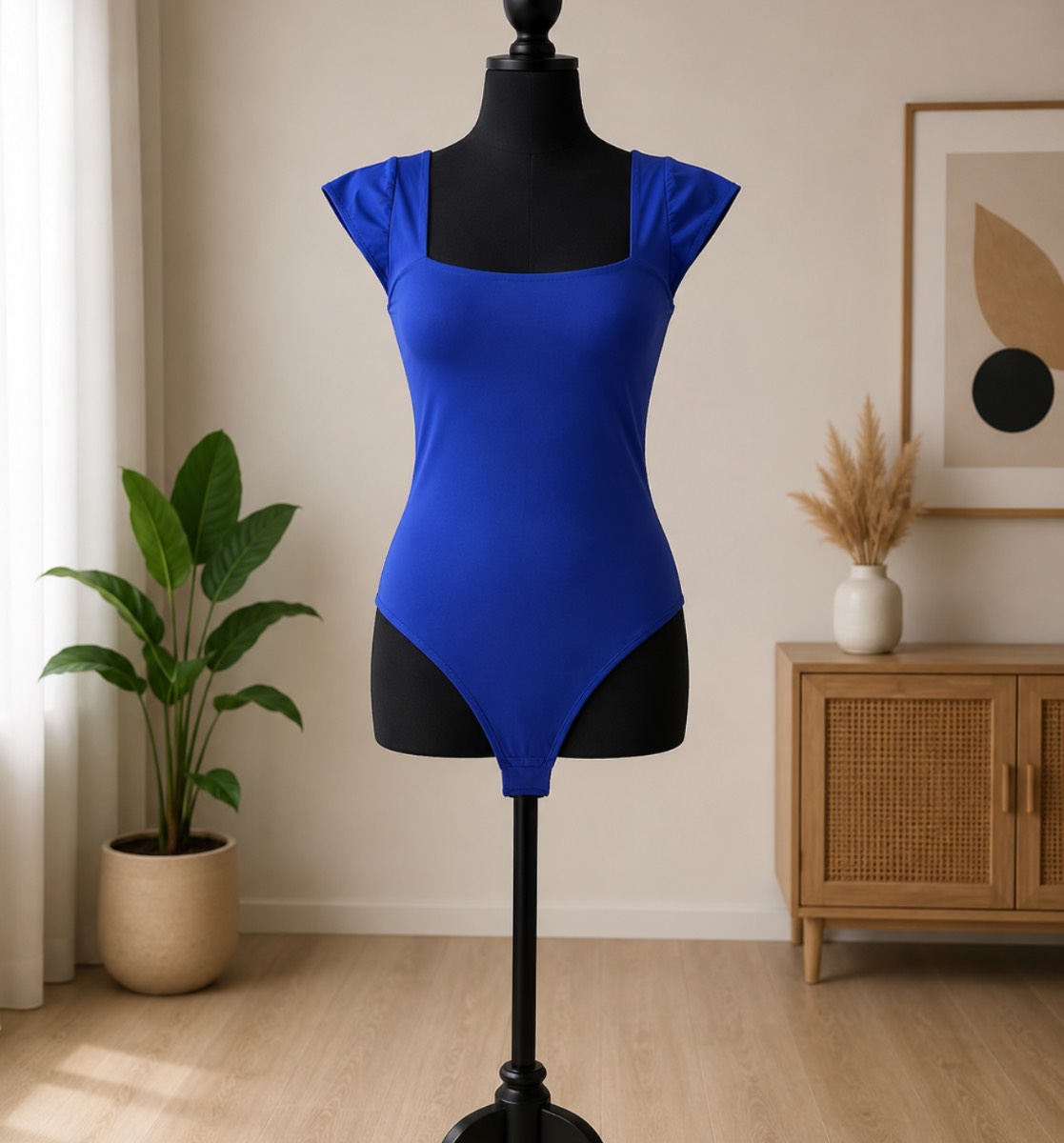 Royal Blue Square Neck Cap Sleeve Bodysuit for Women | Elegant Stretch Fit Top