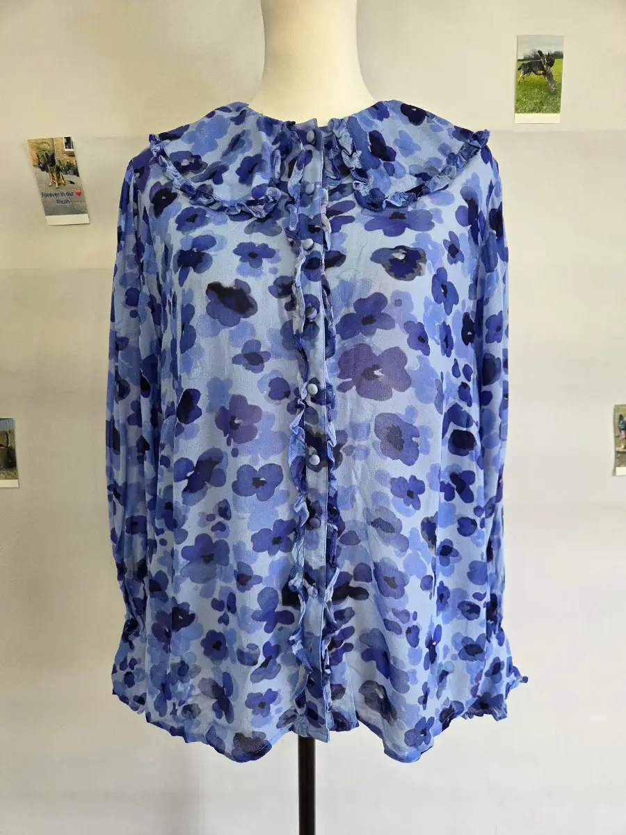 Monsoon Blue Floral Ruffle Collar Button Front Blouse Top UK 14