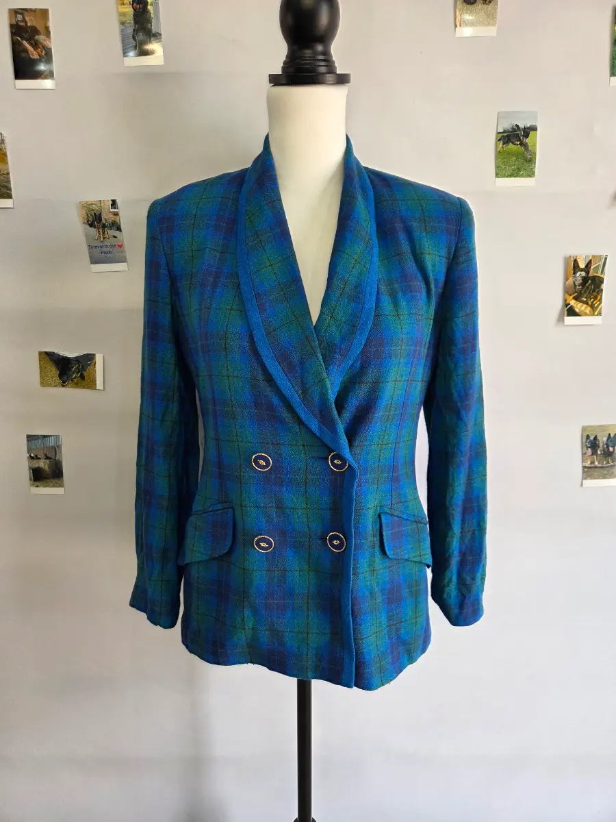 Vintage Petite Sophisticate Blue Green Tartan Double Breasted Wool Blend Blazer Jacket UK 6