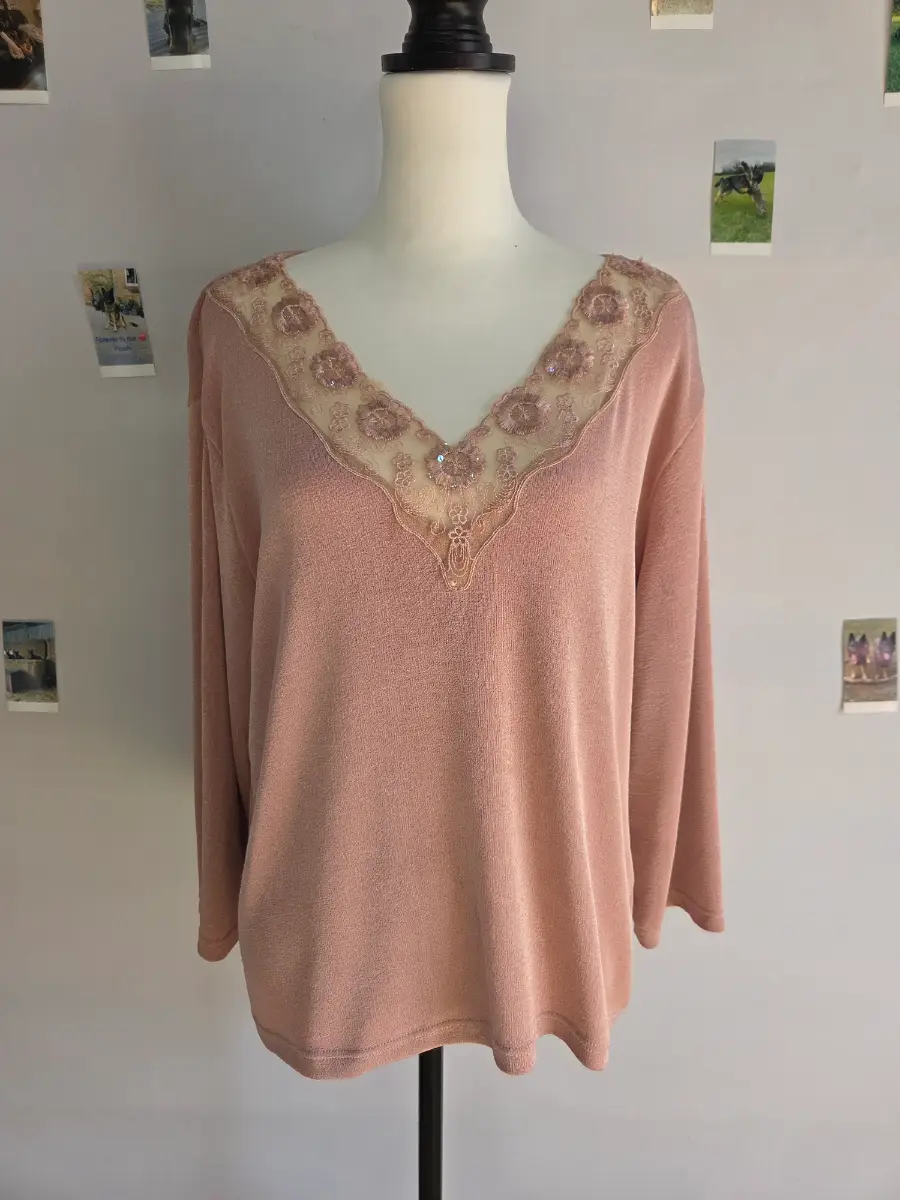 Berkertex Pink Rose Embellished Lace V-Neck Long Sleeve Top UK 20
