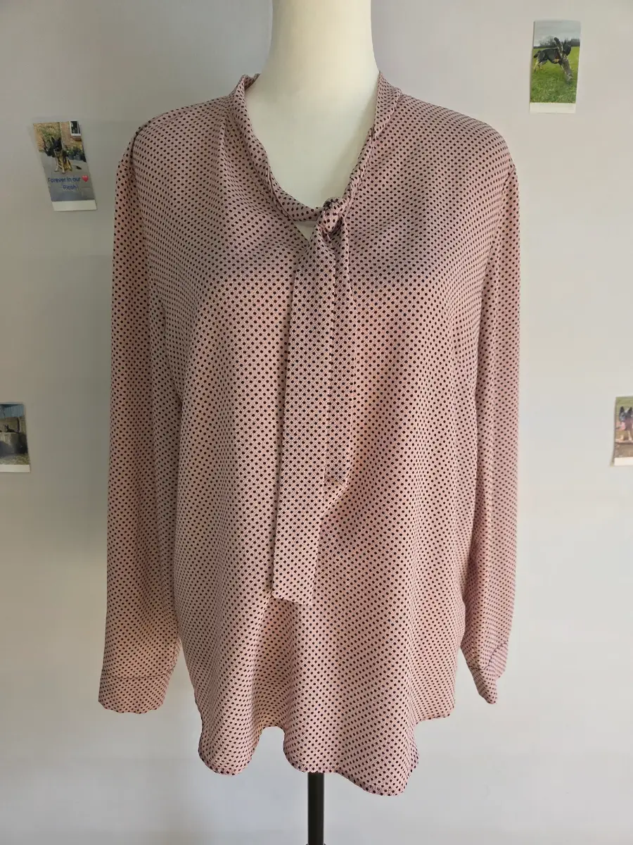 Adrianna Papell Women's Pink Black Polka Dot Tie Neck Long Sleeve Blouse Top XL