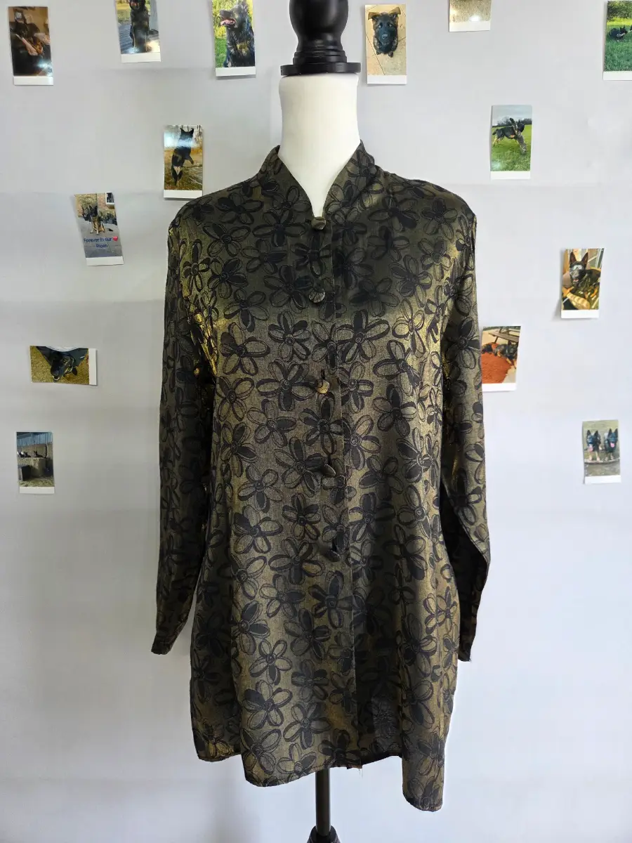 Vintage Jo Jamie Clare Gold Black Floral Longline Blouse UK 14