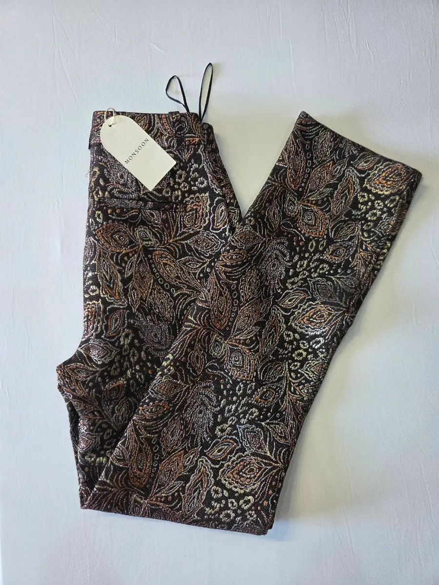 Monsoon Joni Metallic Jacquard Straight Leg Trousers BNWT UK 8 Black Paisley