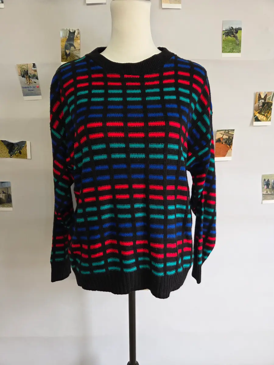 Vintage Made in UK Colour Block Striped Knit Jumper Size 16 Retro Black