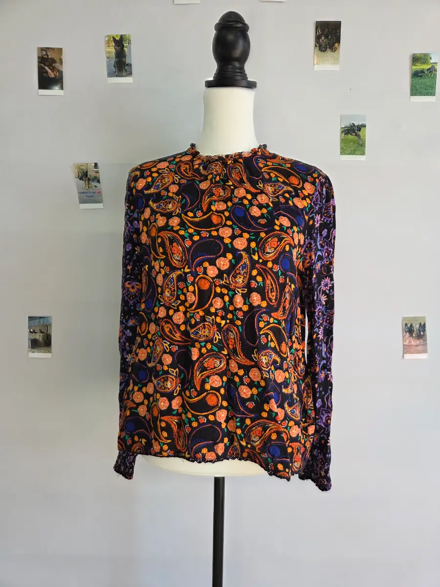 Superdry Women's Paisley Floral Boho Long Sleeve Blouse Top UK 10 Black Orange Purple