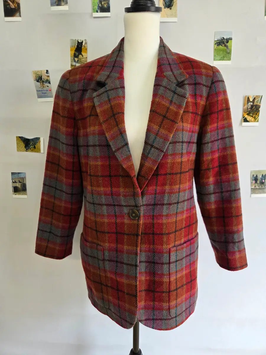 Jennifer Moore Petites Wool Blend Tartan Blazer Jacket Red Grey Check Vintage UK 8-10 S