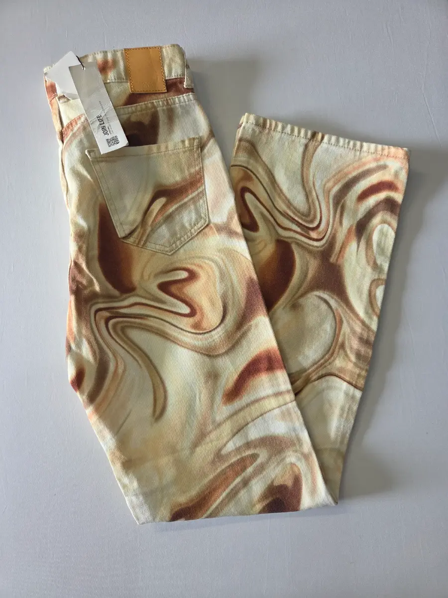 Zara BNWT Women's Abstract Marble Print Straight Leg Trousers UK 6 EU 34 Beige Brown
