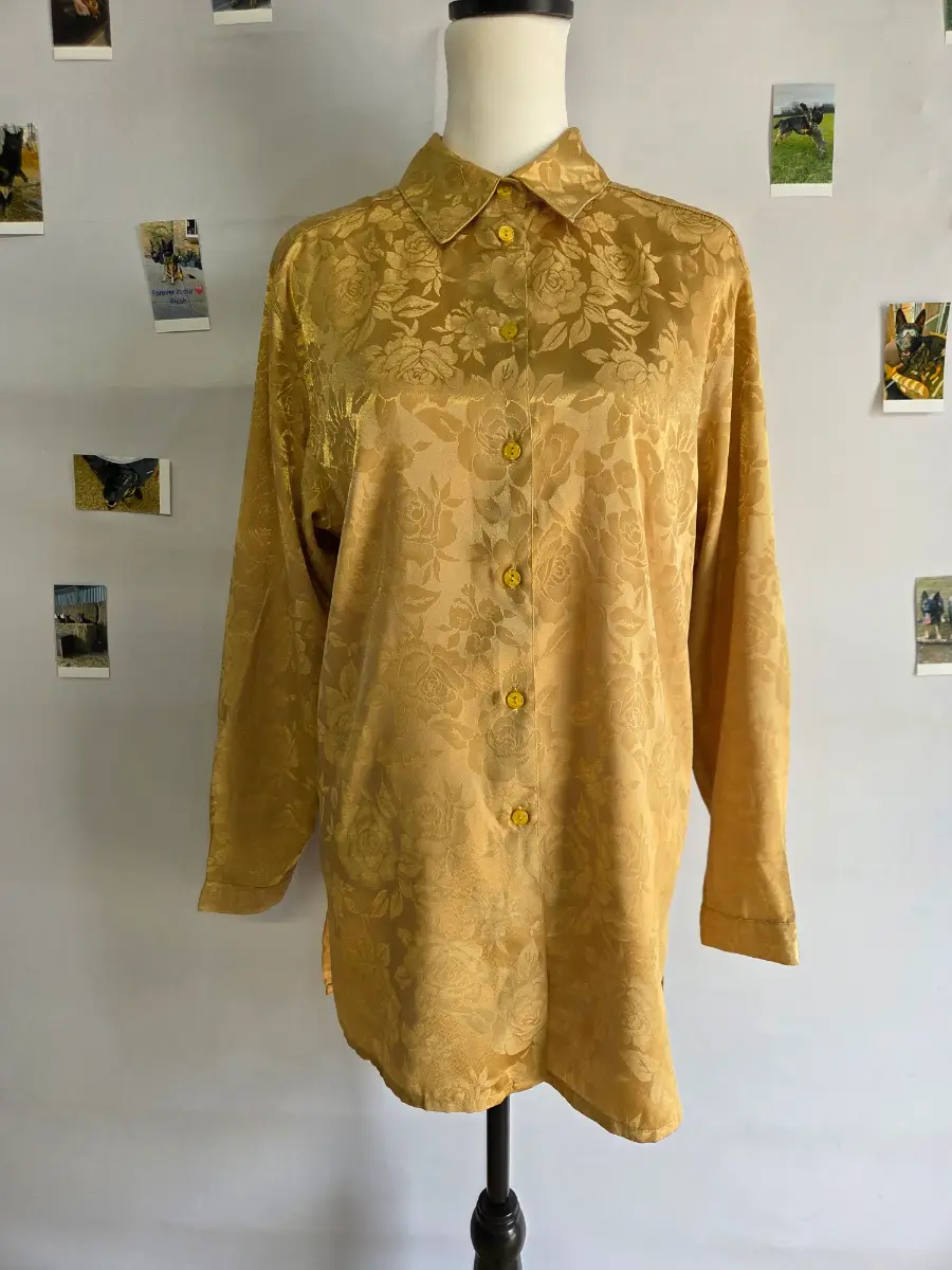 Woodpecker Casual Collection Gold Floral Jacquard Blouse UK 16 Vintage Long Sleeve
