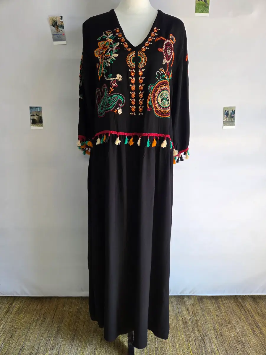 Vale Woman Black Embroidered Boho Tassel Maxi Dress Size 3 L