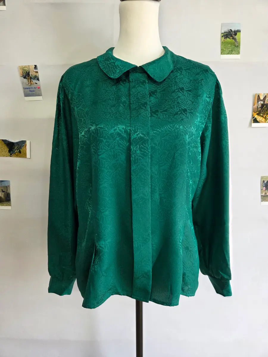 Vintage St Michael Emerald Green Jacquard Satin Blouse Shirt UK 16 Made in UK